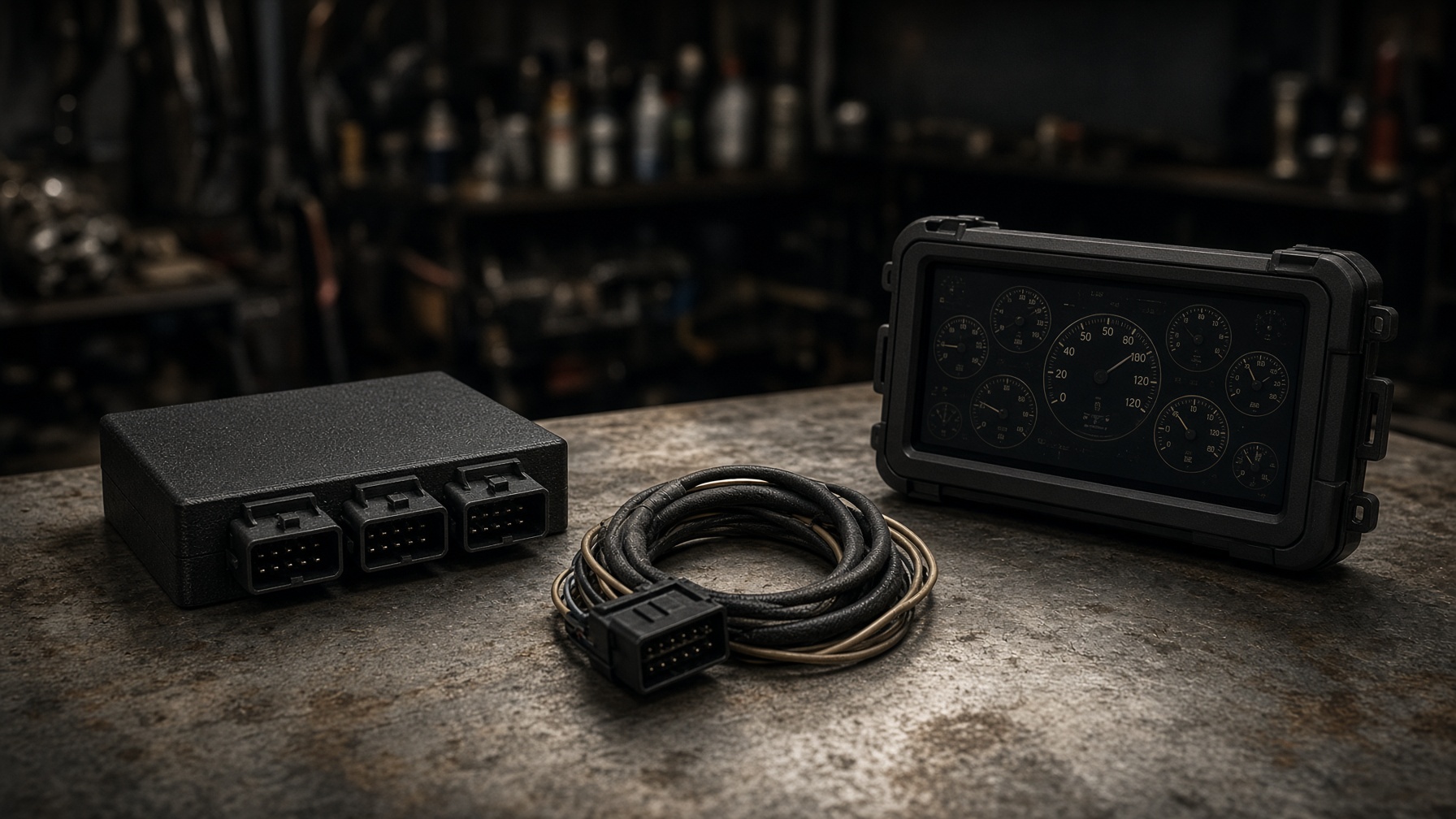 Race Core ECU and digital dash on a Johannesburg workbench